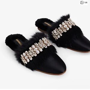 Express Black Fur Slip-On Mules with Crystal Strap